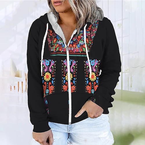 

Women's Plus Size Tops Hoodie Sweatshirt Floral Zipper Print Long Sleeve Hooded Streetwear Daily Vacation Polyester Fall Winter Black / 3D Print