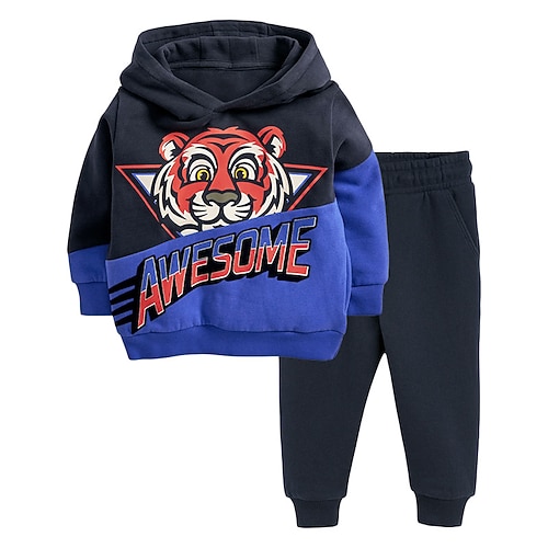

2 Pieces Kids Boys Hoodie & Pants Clothing Set Outfit Tiger Long Sleeve Cotton Set Vacation Casual Winter Fall 2-8 Years Blue