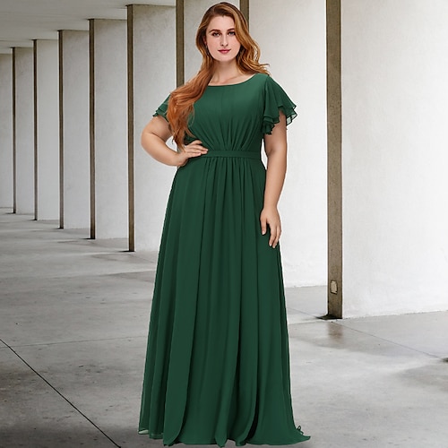 

A-Line Plus Size Curve Mother of the Bride Dresses Elegant Dress Formal Floor Length Short Sleeve Jewel Neck Chiffon with Pleats 2022