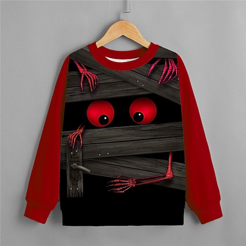 

Kids Boys Halloween Sweatshirt Skull Outdoor 3D Print Long Sleeve Crewneck Active 3-12 Years Winter Red