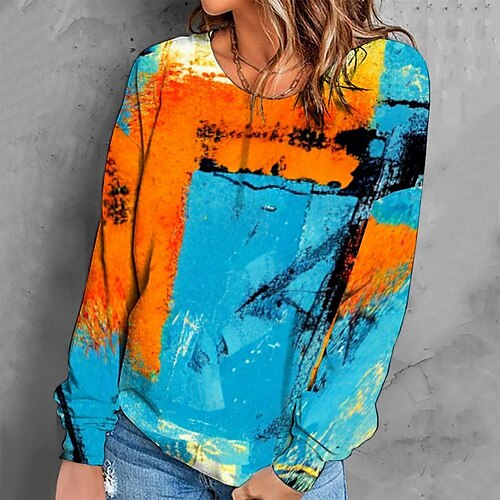 

Women's Sweatshirt Pullover Retro Blue Graphic Geometric Tie Dye Casual Round Neck Long Sleeve S M L XL 2XL 3XL / Winter