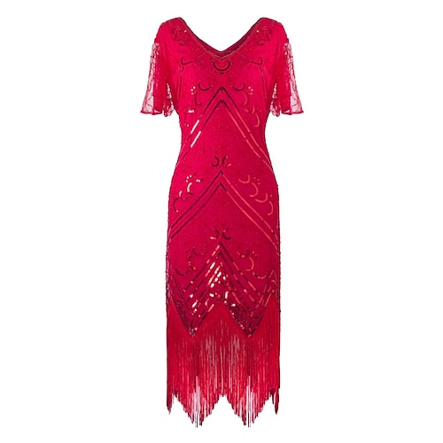 

Women's Party Dress Fringe Dress Midi Dress Blue Red Short Sleeve Print Sequins Tassel Fringe Print Fall Winter V Neck Vintage Party Elegant 2022 S M L XL XXL 3XL