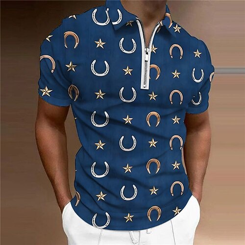 

Men's Collar Polo Shirt Golf Shirt Star Moon Turndown Navy Blue 3D Print Outdoor Street Short Sleeves Zipper Print Clothing Apparel Fashion Designer Casual Breathable / Summer / Spring / Summer