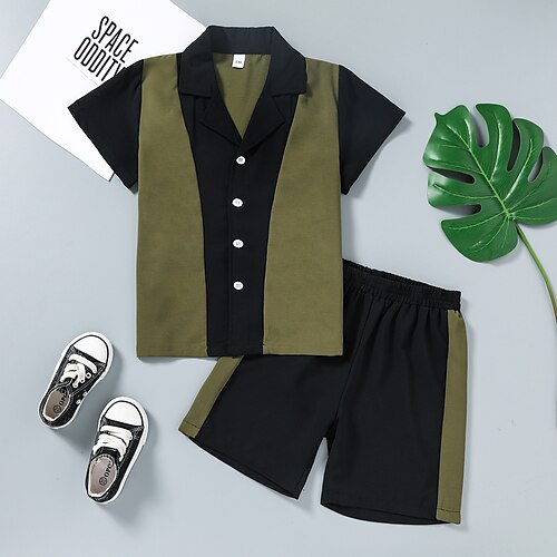 

Kids Boys Clothing Set 2 Pieces Short Sleeve White Black Solid Color Patchwork Daily 5-13 Years