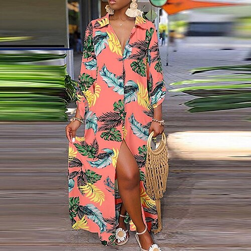 

Women's Casual Dress Shirt Dress Maxi long Dress White Orange Long Sleeve Floral Split Print Fall Winter Shirt Collar Vacation Casual 2022 M L XL XXL 3XL 4XL 5XL / Cotton