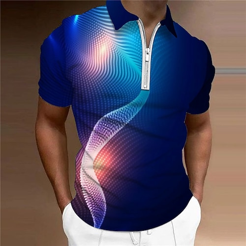 

Men's Collar Polo Shirt Golf Shirt Gradient Turndown Blue 3D Print Outdoor Street Short Sleeves Zipper Print Clothing Apparel Fashion Designer Casual Breathable / Summer / Spring / Summer