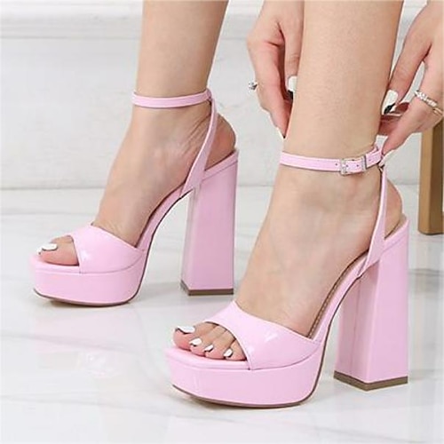 

Women's Sandals Daily Platform Sandals Summer Buckle Chunky Heel Open Toe Sweet PU Leather Ankle Strap Solid Colored Pink Beige