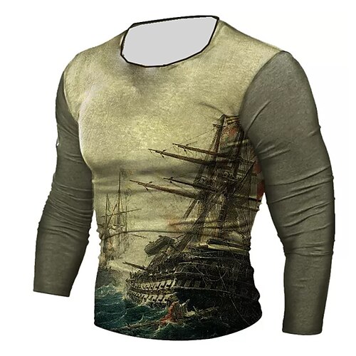 

Men's Unisex T shirt Tee Graphic Prints Crew Neck Green 3D Print Sailboat Outdoor Street Long Sleeve Patchwork Print Clothing Apparel Sports Designer Casual Big and Tall / Spring / Fall