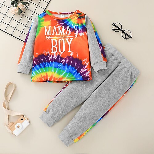 

2 Pieces Kids Boys Hoodie & Pants Clothing Set Outfit Cartoon Letter Long Sleeve Cotton Set Street Cool Street Style Winter Fall 2-6 Years Gray