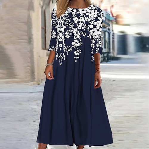 

Women's Casual Dress Shift Dress Midi Dress Black Blue Wine 3/4 Length Sleeve Floral Ruched Winter Fall 2022 S M L XL XXL 3XL