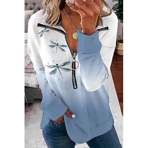 

Women's Sweatshirt Pullover Active Basic Zipper Blue Graphic Street V Neck Long Sleeve S M L XL 2XL 3XL