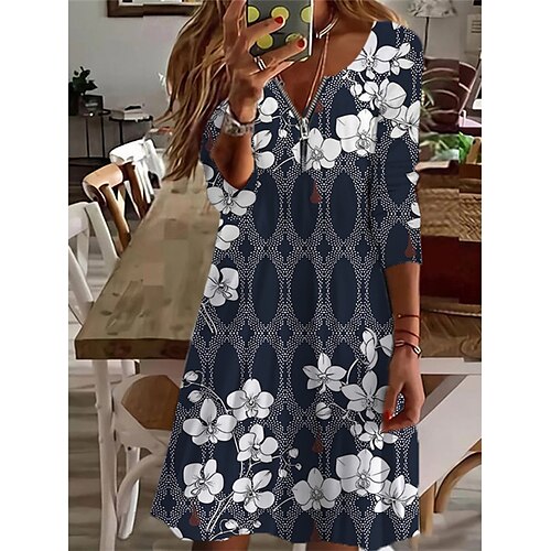 

Women's Casual Dress Shift Dress Midi Dress Black gray Dusty Blue 3/4 Length Sleeve Floral Zipper Winter Fall Autumn V Neck Fashion Weekend Loose Fit 2022 L XL XXL 3XL 4XL 5XL 6XL