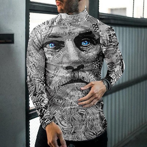 

Men's T shirt Tee Graphic Portrait Turtleneck Gray 3D Print Work Street Long Sleeve Print Clothing Apparel Basic Streetwear Big and Tall Pocket