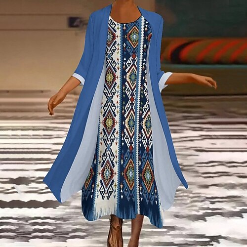 

Women's Two Piece Dress Long Dress Maxi Dress Royal Blue Long Sleeve Color Block Print Winter Fall Autumn Crew Neck Modern Winter Dress Weekend Fall Dress Loose Fit 2022 S M L XL XXL 3XL 4XL 5XL
