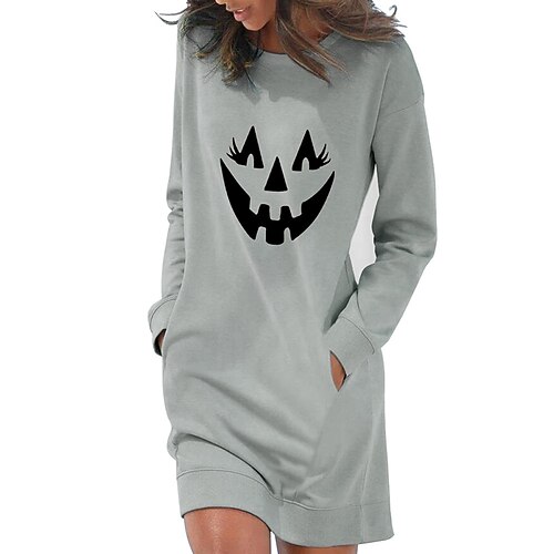 

Women's Casual Dress Hoodie Dress Short Mini Dress White Gray Light Blue Long Sleeve Abstract Bat Pocket Print Fall Winter Round Neck Stylish Casual Halloween Linen S M L XL XXL / Cotton