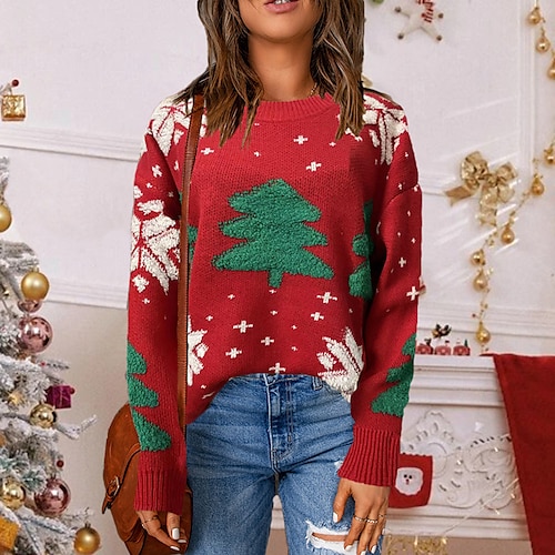 

Women's Ugly Christmas Sweater Pullover Sweater Jumper Ribbed Knit Knitted Christmas Tree Crew Neck Stylish Soft Christmas Holiday Winter Fall Royal Blue Red S M L / Long Sleeve / Regular Fit