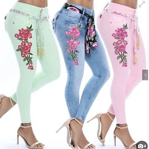 

Women's Skinny Cotton Green Blue Rosy Pink Mid Waist Fashion Street Casual Daily Print Stretchy Ankle-Length Tummy Control Flower / Floral S M L XL XXL / Slim