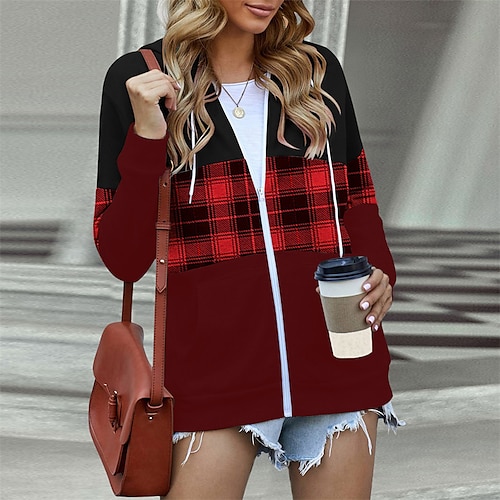 

Women's Casual Jacket Windproof Warm Outdoor Street Daily Vacation Patchwork Zipper Pocket Print Zipper Hoodie Fashion Modern Street Style Plaid Regular Fit Outerwear Long Sleeve Winter Fall Navy