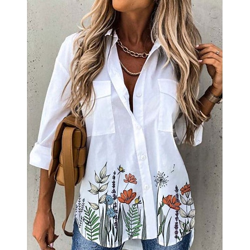 

Women's Blouse Floral Butterfly Holiday Weekend Floral Butterfly Blouse Shirt Long Sleeve Button Pocket Print Shirt Collar Streetwear Casual Green White Black S / 3D Print