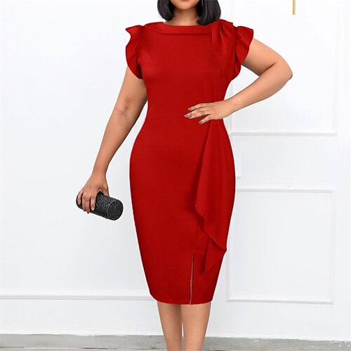 

Women's Plus Size Work Dress Solid Color Crew Neck Short Sleeve Fall Winter Stylish Work Formal Knee Length Dress Formal Work Dress