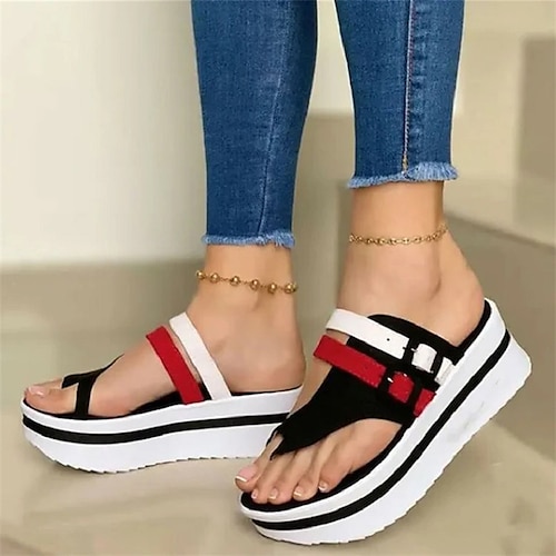 

Women's Slippers Daily Outdoor Slippers Platform Slippers Summer Platform Open Toe Casual PU Leather Loafer Color Block Black Blue Red