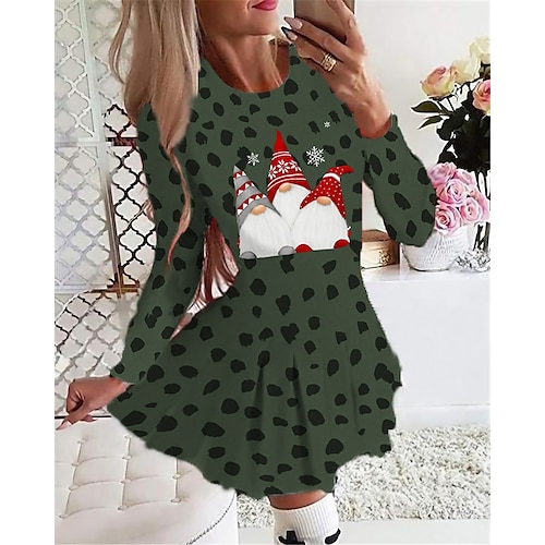 

Women's Christmas Casual Dress Swing Dress Short Mini Dress Green Fuchsia Khaki Gray Long Sleeve Leopard Santa Claus Elk Print Fall Winter Round Neck Vacation Casual 2022 S M L XL 2XL 3XL 4XL 5XL 6XL