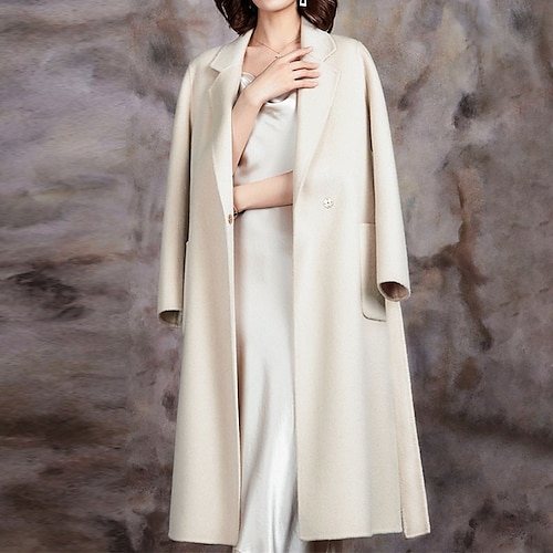 

Women's Winter Coat Windproof Warm Outdoor Work Street Shopping Pocket Buttoned Front Lapel OL Style Elegant Modern Street Style Solid Color Regular Fit Outerwear Long Sleeve Winter Fall Black Beige