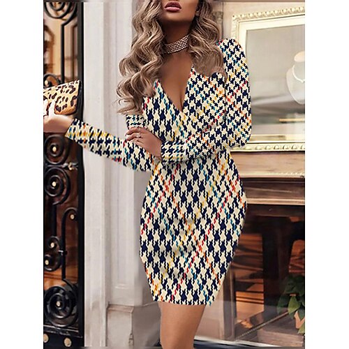 

Women's Shirt Dress Sheath Dress Black Yellow Long Sleeve Plaid Print Winter Fall V Neck Modern Winter Dress Fall Dress Slim 2022 XS S M L XL XXL 3XL 4XL 5XL 6XL