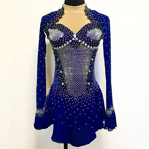 

Figure Skating Dress Women's Girls' Ice Skating Dress Blue Spandex High Elasticity Training Competition Skating Wear Handmade Crystal / Rhinestone Long Sleeve Ice Skating Figure Skating / Winter