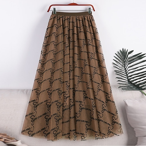 

Women's Skirt Swing Maxi Polyester Brown Beige Gray Skirts Spring & Fall Layered Print Lined Elegant Long Daily Date One-Size