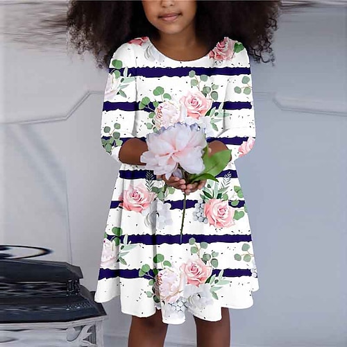 

Kids Girls' Dress Floral Swing Dress Above Knee Dress Daily Print Long Sleeve Cute Dress 3-10 Years Winter White