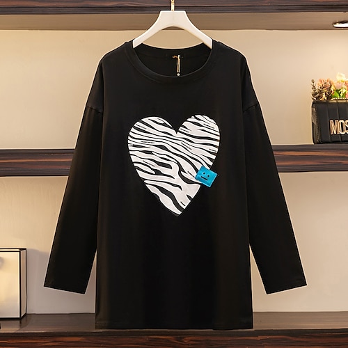 

Women's Plus Size Tops T shirt Tee Heart Print Long Sleeve Round Neck Casual Daily Vacation Cotton Fall Winter Black khaki
