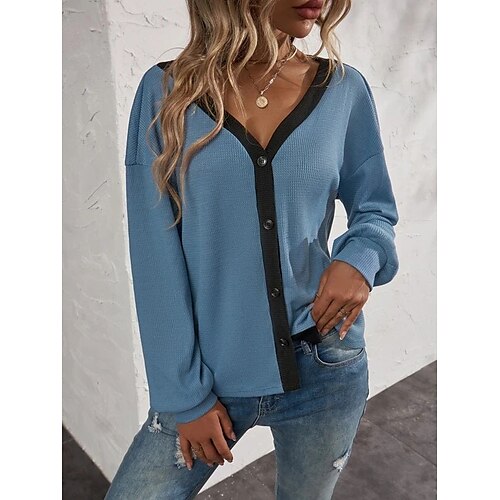 

Women's Blouse Shirt Shrugs Blue Pink Dusty Rose Plain Button Long Sleeve Casual Weekend Streetwear V Neck Regular S