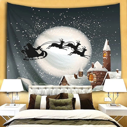 

Christmas Party Wall Tapestry Holiday Photography Background Santa Claus Snowman Reindeer Gift Snowflakes Art Decor Blanket Curtain Hanging Home Bedroom Living Room Decoration Polyester