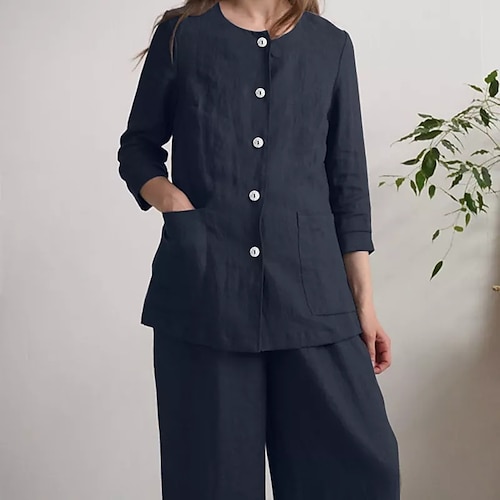 

Women's Pajamas Loungewear Sets Pjs 2 Pieces Pure Color Basic Simple Comfort Home Daily Cotton Crew Neck Long Sleeve Pant Button Pocket Winter Fall Blue Red