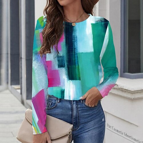 

Women's T shirt Tee Blue Graphic Graffiti Print Long Sleeve Casual Daily Vintage Round Neck Regular Painting S / 3D Print