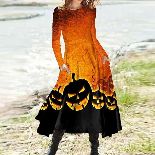 

Women's Casual Dress Swing Dress Midi Dress Orange Long Sleeve Pumpkin Pocket Print Fall Winter Round Neck Vacation Casual Halloween 2022 S M L XL XXL 3XL