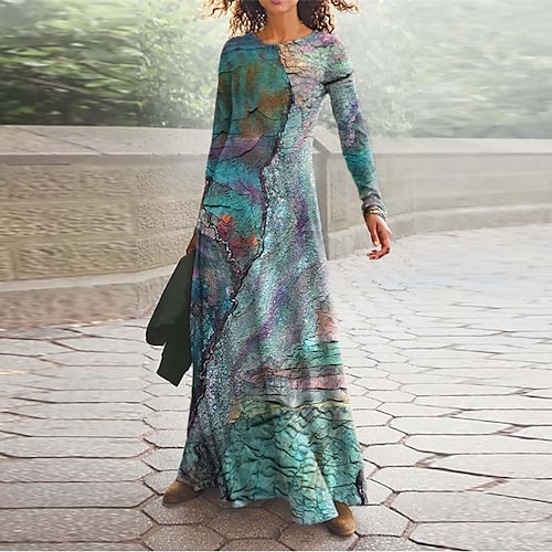 

Women's Casual Dress A Line Dress Maxi long Dress Blue Rainbow Long Sleeve Color Gradient Pocket Print Fall Winter V Neck Vacation Casual 2022 S M L XL XXL 3XL