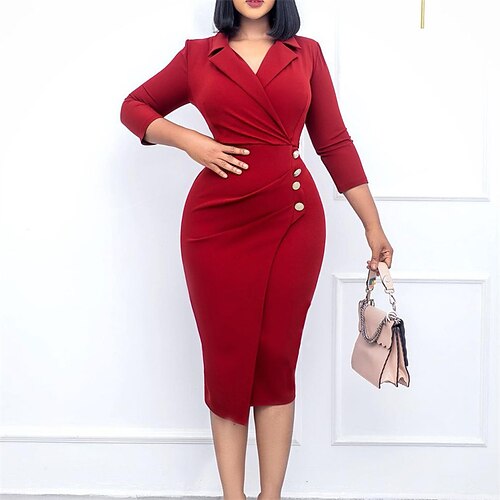 

Women's Bodycon Sheath Dress Midi Dress Green Blue Red Long Sleeve Pure Color Button Winter Fall Autumn V Neck Winter Dress Fall Dress Slim 2022 M L XL