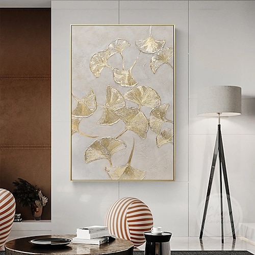 

Botanical Oil Painting Gold Ginkgo Biloba Leaf Handmade Painted Wall Art On Canvas Modern Home Decor Gift Rolled Canvas No Frame Unstretched Living Room