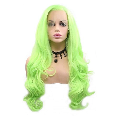 

Green Lace Front Wigs Long Wavy Hair Natural Hairline Heat Resistant Fiber Synthetic Wigs for Women Cosplay 24 inch