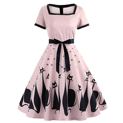 

Women's Swing Dress Vintage Dress Knee Length Dress Green Blue Pink Short Sleeve Animal Bow Spring Summer Square Neck Vintage 1950s Elegant 2022 S M L XL 2XL / Cotton