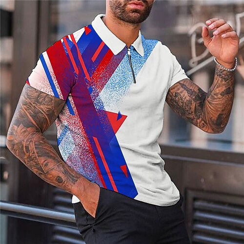 

Men's Collar Polo Shirt Golf Shirt Geometry Turndown Blue 3D Print Outdoor Street Short Sleeves Zipper Print Clothing Apparel Fashion Designer Casual Breathable / Summer / Spring / Summer