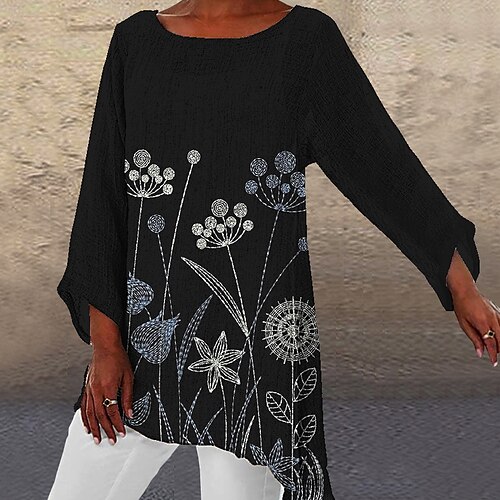 

Women's Shirt Black Floral Asymmetric Print Long Sleeve Holiday Weekend Streetwear Casual Round Neck Long Floral S / 3D Print