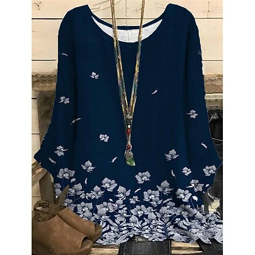 

Women's Plus Size Tops Blouse Shirt Floral Print Long Sleeve Crewneck Casual Daily Vacation Polyester Fall Winter Blue Royal Blue