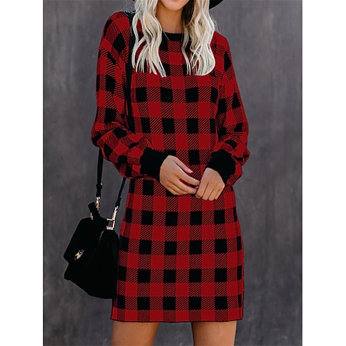 

Women's Sweater Jumper Dress A Line Dress Short Mini Dress Black Blue Red Long Sleeve Plaid Check Patchwork Knit Fall Winter Crew Neck Elegant Classic 2022 S M L XL 2XL 3XL