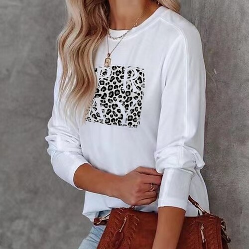 

Women's T shirt Tee Blue Pink Light Green Graphic Leopard Print Long Sleeve Daily Basic Round Neck Regular Cotton S