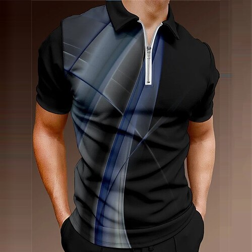 

Men's Collar Polo Shirt Golf Shirt Geometry Turndown Blue 3D Print Outdoor Street Short Sleeves Zipper Print Clothing Apparel Fashion Designer Casual Breathable / Summer / Spring / Summer