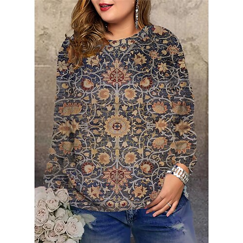 

Women's Plus Size Tops Pullover Sweatshirt Floral Print Long Sleeve Crew Neck Streetwear Daily Vacation Polyester Fall Winter Blue