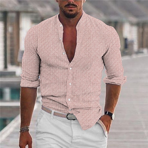 

Men's Shirt Geometry Stand Collar Pink Long Sleeve 3D Print Outdoor Casual Button-Down Print Tops Fashion Designer Casual Comfortable / Sports
